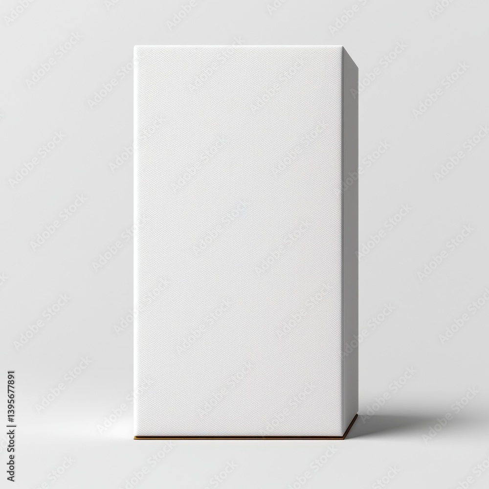 Poster a minimalist white rectangular box with a textured surface, placed against a neutral background, sho