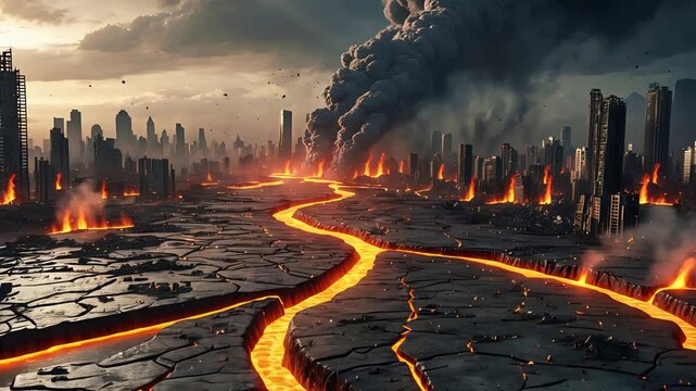Apocalyptic Cityscape Lava Flow Destruction Burning Skyline Smoke Ruins Chaos Fire Disaster Urban Hellscape Volcano Eruption Dark Flames Catastrophe Futuristic Devastation