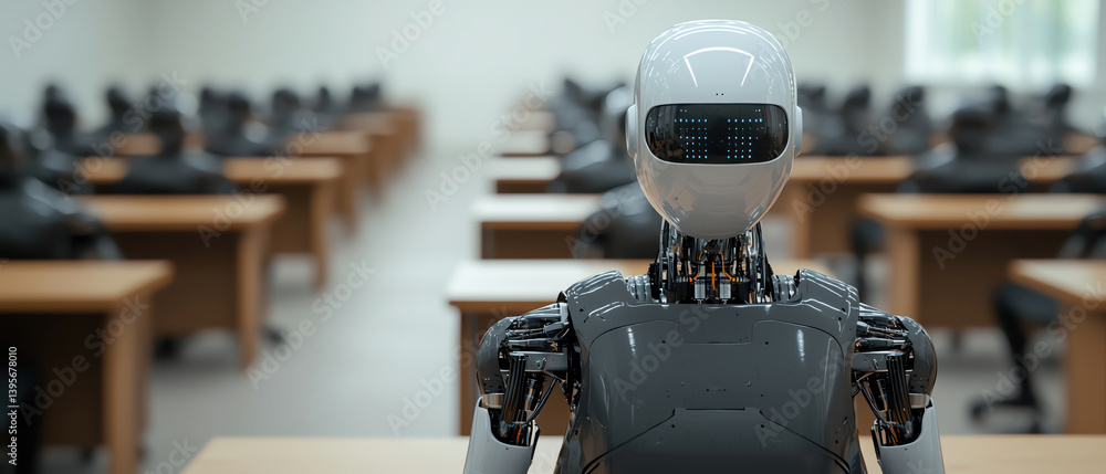 Poster futuristic classroom filled with robotic assistants, showcasing advanced technology and automation e