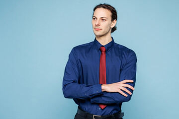 Young rich employee business man corporate lawyer wear classic formal shirt red tie work in office...