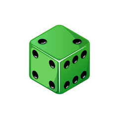 Game dice, green dice with the number two side coming up. Dice cube icon isolated on white background.