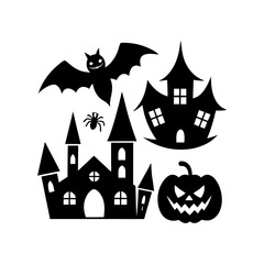 Happy Halloween icons set black silhouette style.