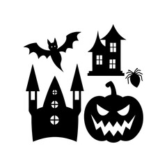 Happy Halloween icons set black silhouette style.