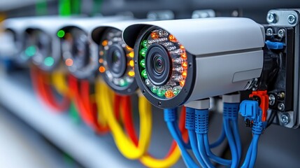 Security cameras network, data center, server room, close-up view