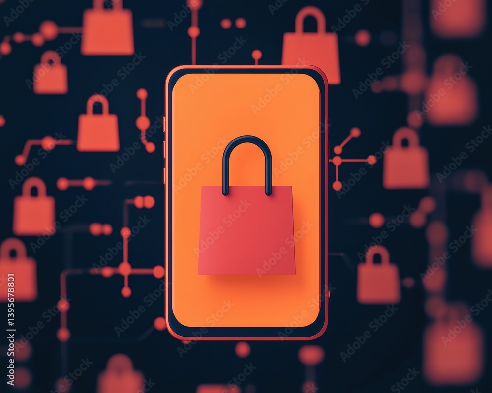 Poster a smartphone displays a padlock symbol, representing digital security, amidst a backdrop of intercon