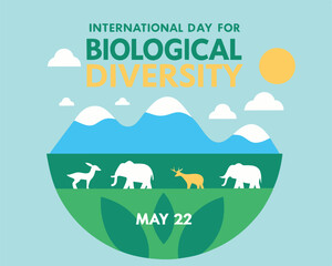 International Day for Biological Diversity: elephant, giraffe, tree, and birds.