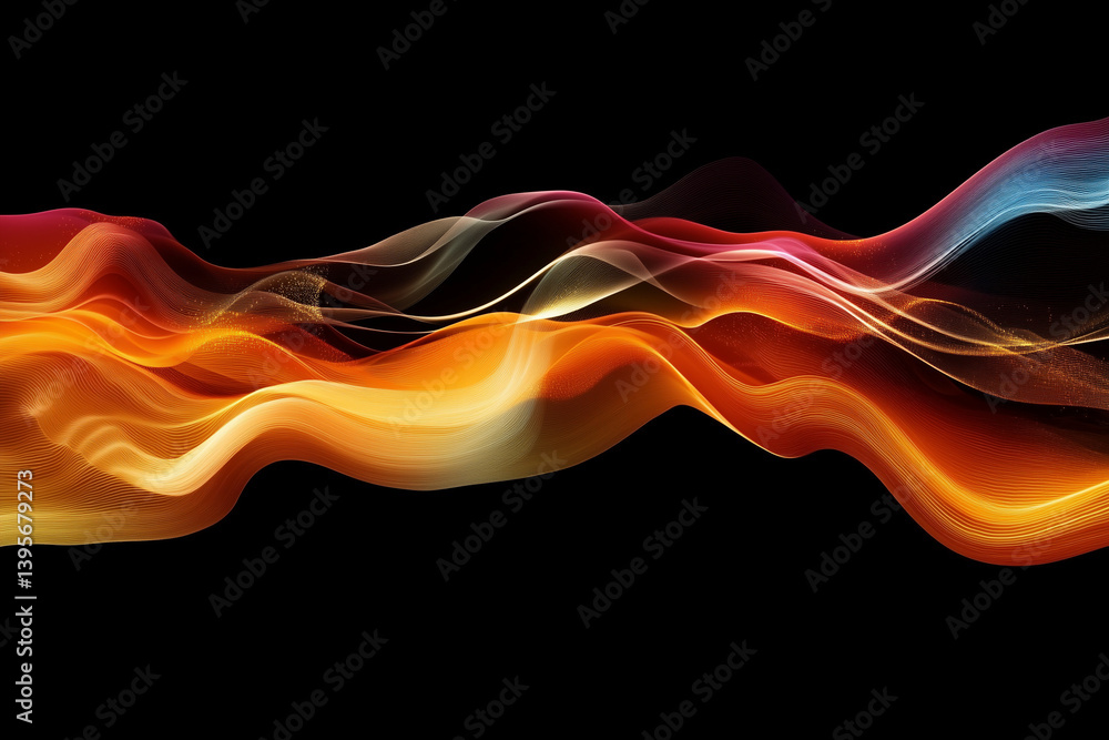 Poster abstract flowing wave design with golden particles on transparent background