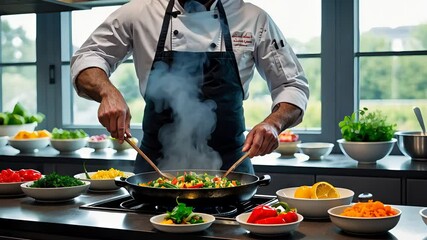 Chef cooking in modern kitchen, stirring pan with steam, fresh vegetables on counter, bright natural light, culinary preparation, professional food scene - Powered by Adobe