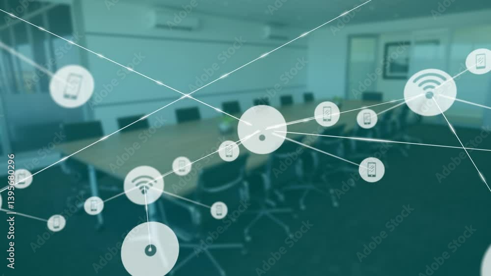 Poster network of connections and data processing animation over empty conference room