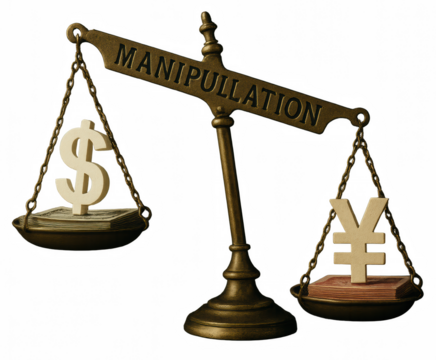 A scale displaying the symbols for the US dollar and Japanese yen, highlighting the concept of manipulation in finance.