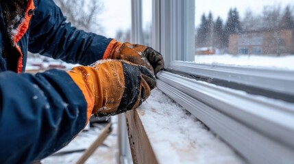 Worker installing window in winter home construction