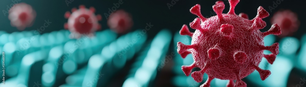 Aufkleber a close-up depiction of a virus, highlighting its structure, surrounded by empty seats, suggesting t