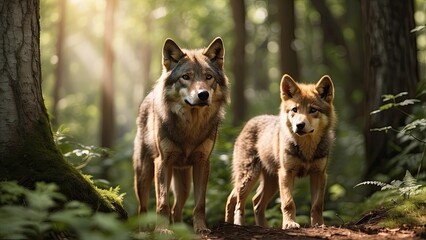 Obraz premium an image of two wolves sitting on the ground next to each other in the woods