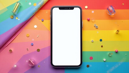 Digital invitation mockup flat lay. LGBTQ+ Pride theme with smartphone screen for event app or e-vite, styled with rainbow accents.