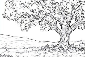 Majestic oak tree on grassy hill, peaceful landscape, nature illustration, children's book