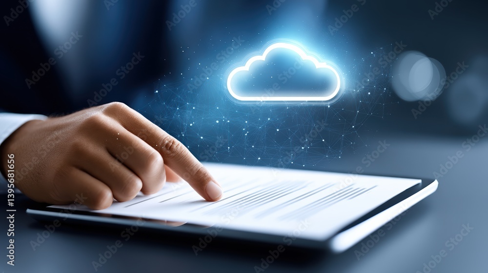 Poster a hand interacts with a digital tablet displaying cloud technology, symbolizing data transfer and mo