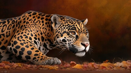 Obraz premium Jaguar Stalking in Autumn Leaves