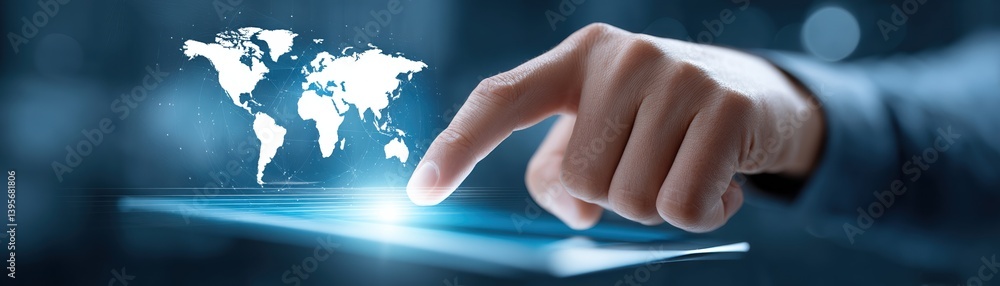 Poster a hand touching a digital tablet displaying a glowing world map, symbolizing technology and global c