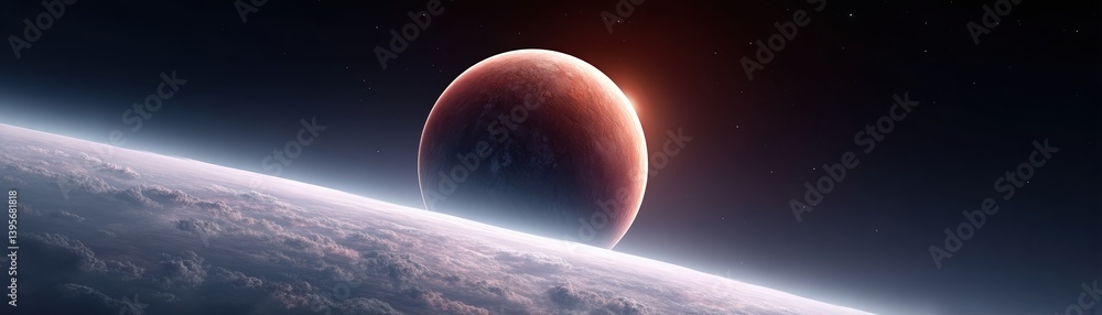 Poster a stunning cosmic view showing a planet hovering above a cloud-covered surface, illuminated by dista