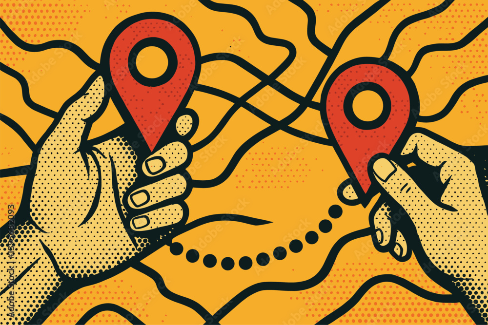 Poster navigational concept with hands and map for journey planning design