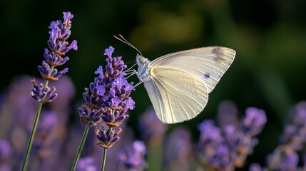 Naklejka premium Delicate White Butterfly on Purple Lavender Flowers in the Garden