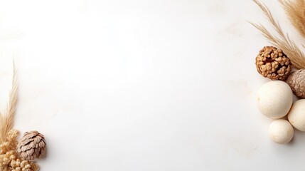 Minimalist, neutral-toned decorative arrangement on a white surface.  Dried botanicals and round objects create a calming aesthetic