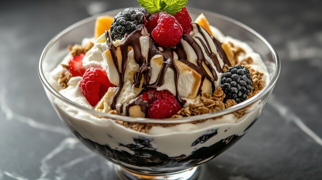 Desset bowl. All-in-one dessert plate with cream, fresh berries and fruits, granola, chocolate, crumble cookies
