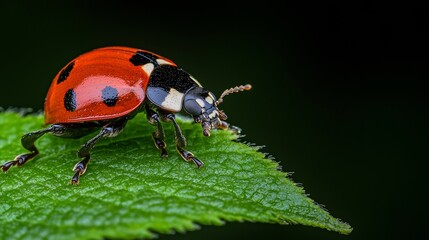 Fototapeta premium Detailed Macro of a Ladybug on a Green Leaf Against Dark Background