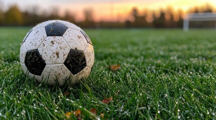 Obraz premium Close up of a soccer ball on a dewy green grass field at dawn