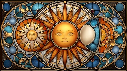 Mystic Mood + Colorful Stained Glass Patterns. Vibrant stained glass depicting celestial bodies.