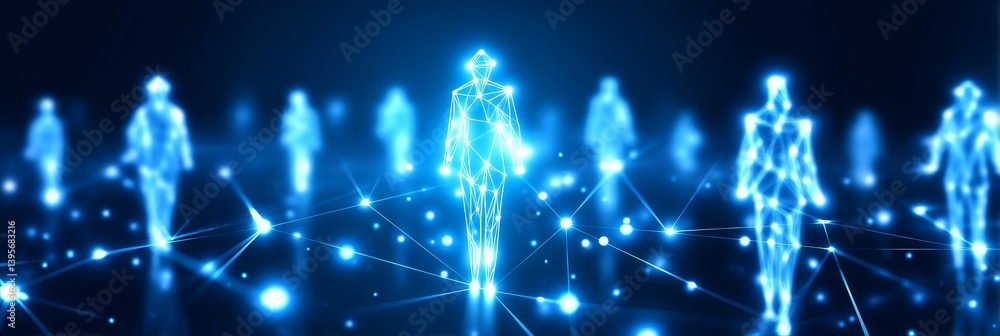 Poster global network connection - abstract of glowing figures connected by a network, symbolizing global c
