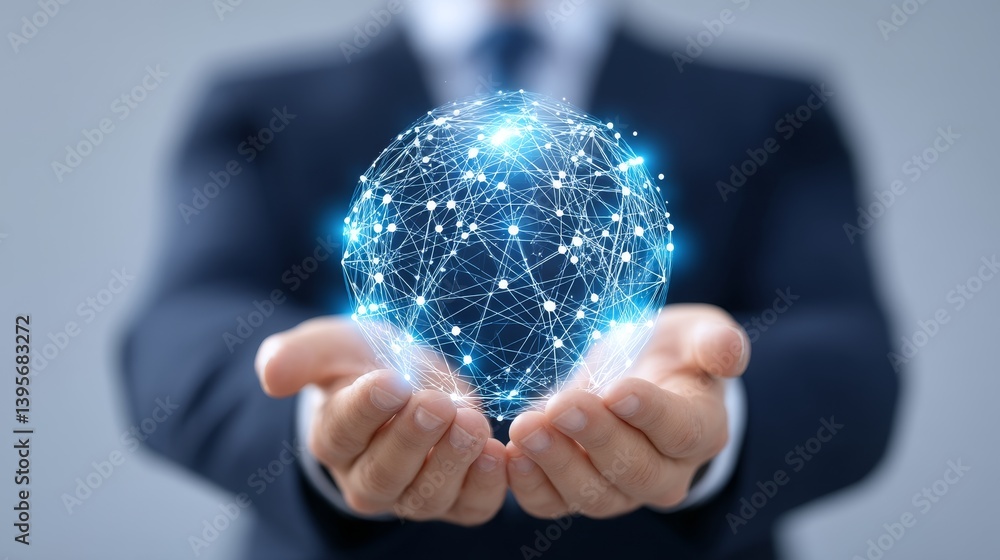 Poster global network connection in hands - businessman holding a glowing sphere representing global networ