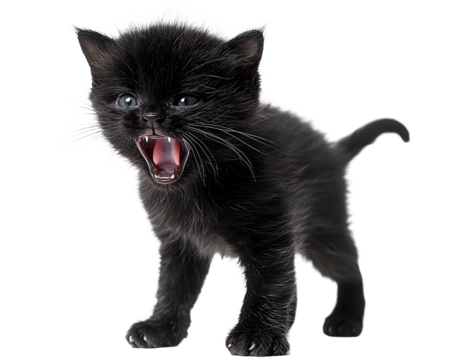 Black kitten arching its back and hissing on white background