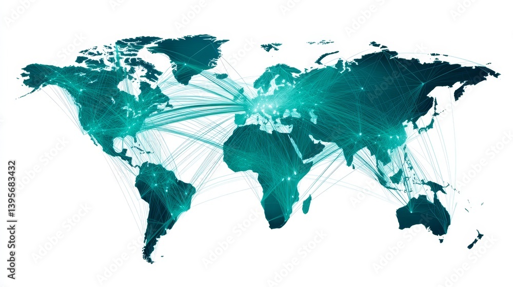 Poster global network connections - teal world map illustrating interconnectedness via lines representing g