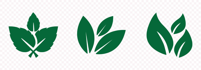 Simple green leaves shapes isolated on white background. Leaf icon vector set.