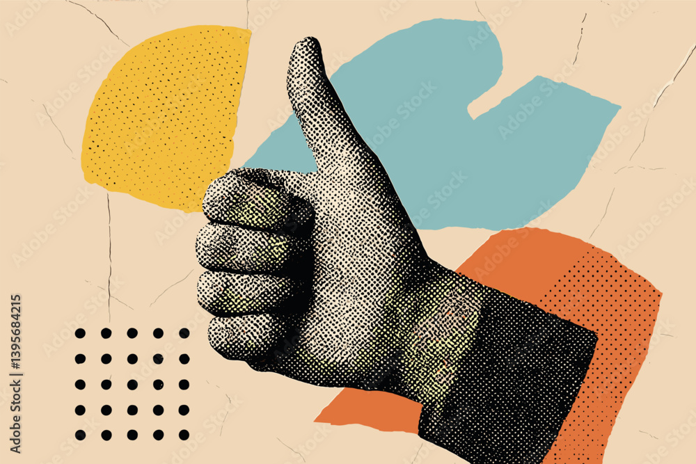 Poster retro style thumbs up with colorful abstract background design
