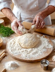 Fototapeta premium Baker Shaping Dough on Wooden Board, Baking Preparation for Delicious Bread