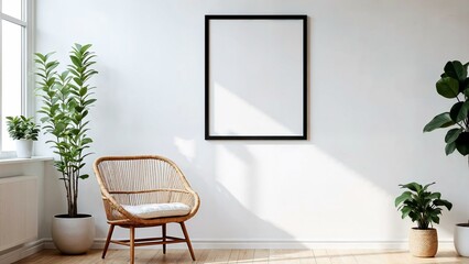 Modern airy room with black frame, rattan chair, and potted plants showcasing Scandinavian aesthetics