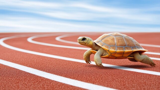 Smiling cartoon turtle running on a track outdoor sports setting digital art fun playful concept