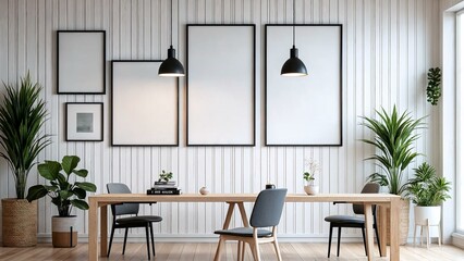 Fototapeta premium Crisp Scandinavian interior with black frames, industrial lighting, and decorative plants