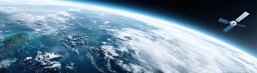 A breathtaking view of Earth from space, showcasing its blue oceans, white clouds, and a satellite orbiting above.