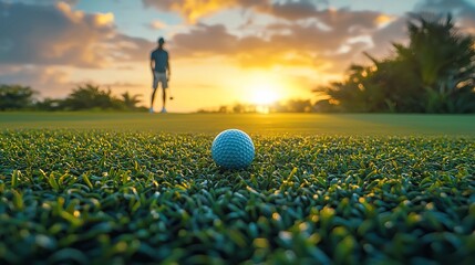 Golfer at sunset, golf ball on green