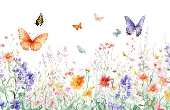 Fototapeta PNG Beautiful wild flower meadow with butterflies butterfly flowers illustration.