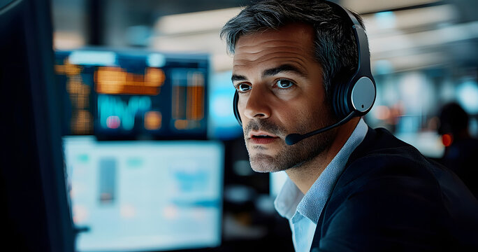 Financial broker, man and headset by computer for customer service, trading investment or market insight. Call center, stocks advisor and client query for finance news, deal negotiation or assistance