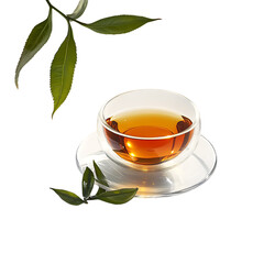 Glass Cup of Herbal Tea with Green Leaves on White Background

