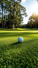 Fototapeta premium Golf Ball on a Lush Green Golf Course Near Tall Pine Trees