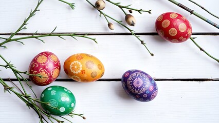 Easter eggs and willow branches on a white wooden background.