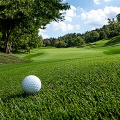 Fototapeta premium Golf ball on a green, ready to play a round on the golf course in nature.