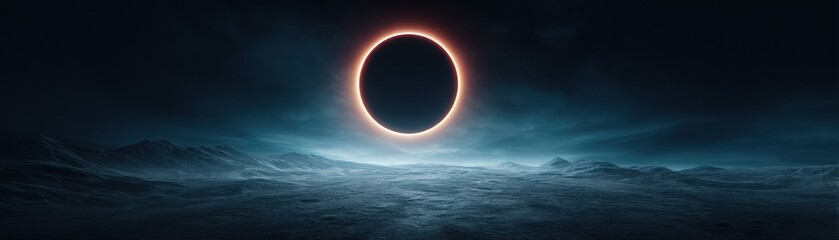 Obraz premium A stunning view of a solar eclipse, featuring a dark moon silhouetted against a glowing corona, set above a serene, cloud-covered landscape.