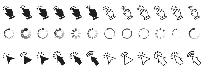 Mouse click cursor icon set. Hand finger and arrow cursor pointer symbol icons vector set. Assorted mouse click cursor pointer vector stock illustration. Varies different style graphic design.